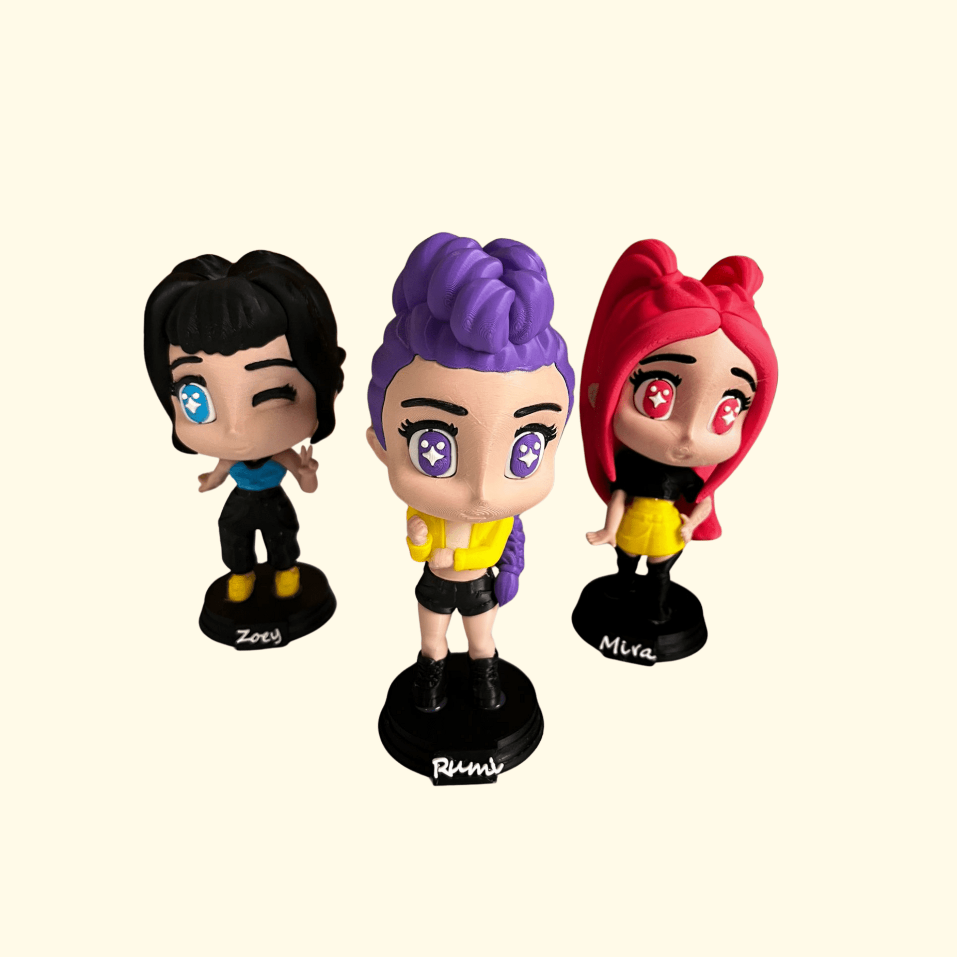 Lote de 3 Figuras 3D – KPOP Demon Hunters (Zoey, Mira y Rumi) | 15 cm | PLA Biod - 1